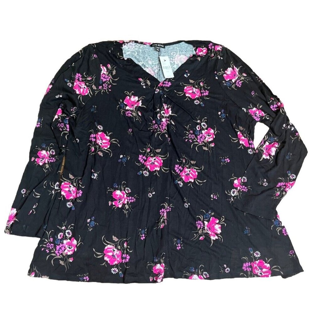 Lane Bryant Black Floral Blouse Top Long Sleeve Vneck‎ Size 22/24